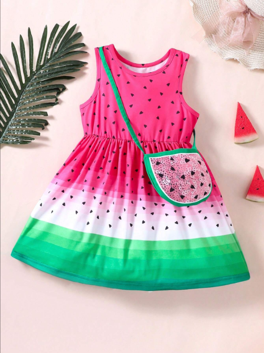 SHEIN Young Girl Cute Gradient Watermelon Printed Dress With Matching Bag