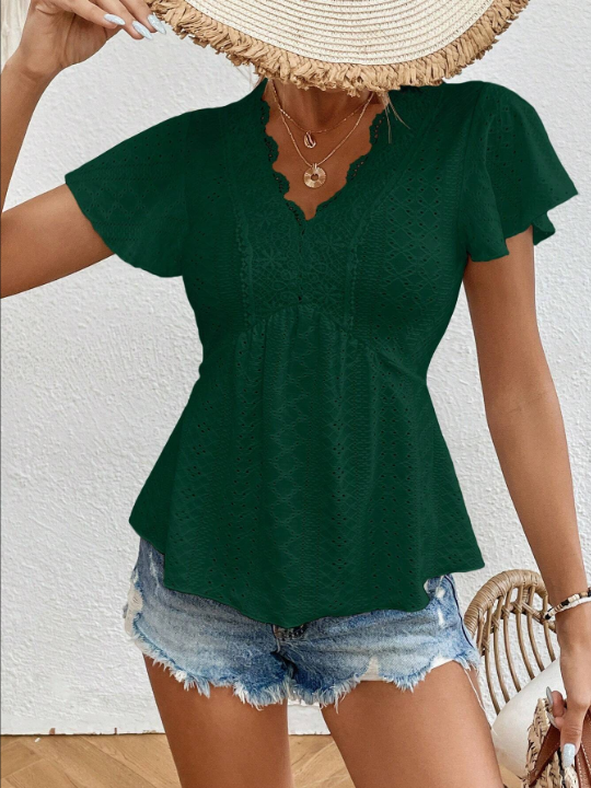 Frenchy Solid Color Hollow Out Embroidery Shirt