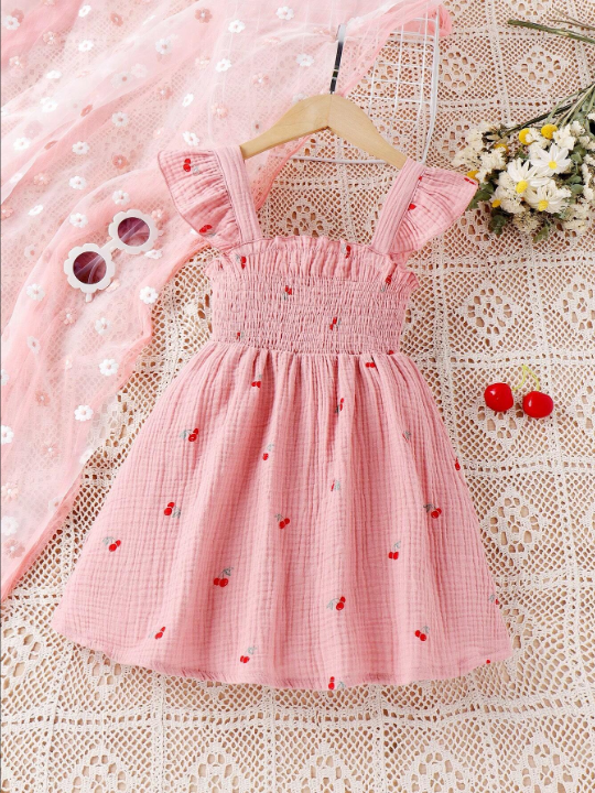 SHEIN Young Girl Cherry Printed Shirred Dress