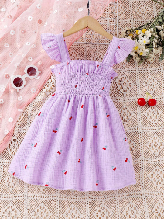 Young Girl Cherry Printed Shirred Dress