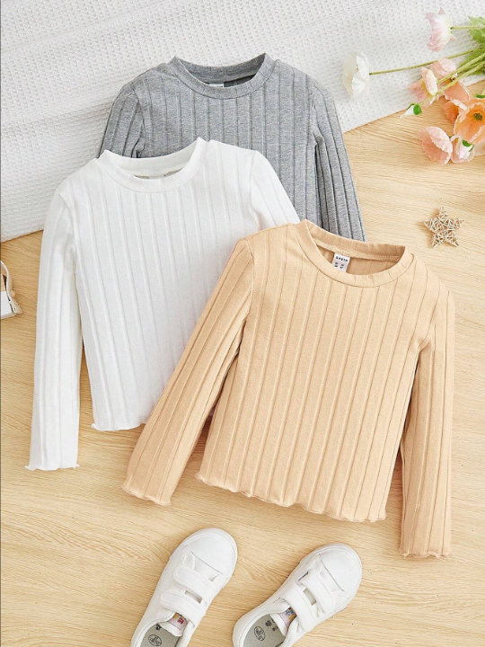 Girls' Solid Color Round Neck Ribbed Long Sleeve T-Shirt