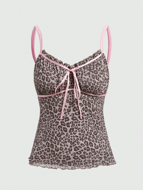 ROMWE Kawaii Women'S Leopard Print Pink Bowknot Tank Top For Valentine'S Day