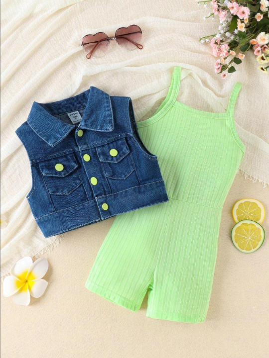 Young Girl Single Breasted Denim Vest And Strappy Sundress 2pcs/Set