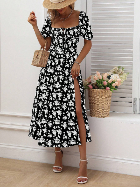 VCAY Allover Floral Print Knot Front Split Thigh Dress