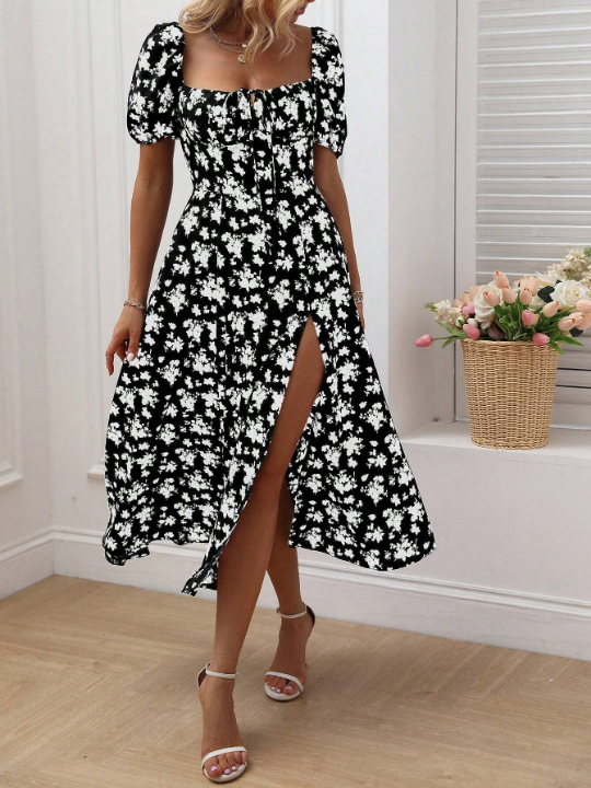 VCAY Allover Floral Print Knot Front Split Thigh Dress