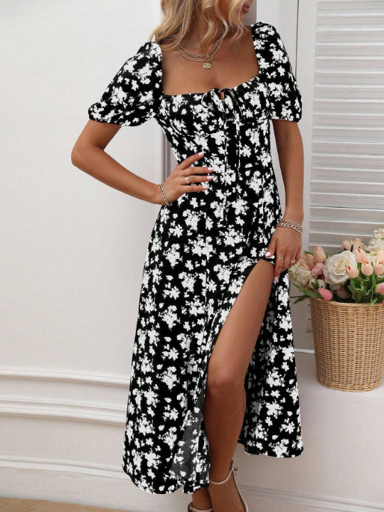 VCAY Allover Floral Print Knot Front Split Thigh Dress