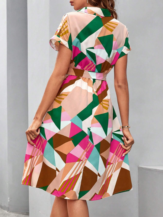 Clasi Women's Color Block Geometric Printed Belted Dress For Spring,Summer