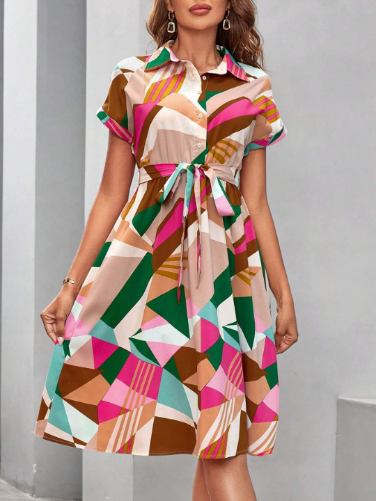 Clasi Women's Color Block Geometric Printed Belted Dress For Spring,Summer