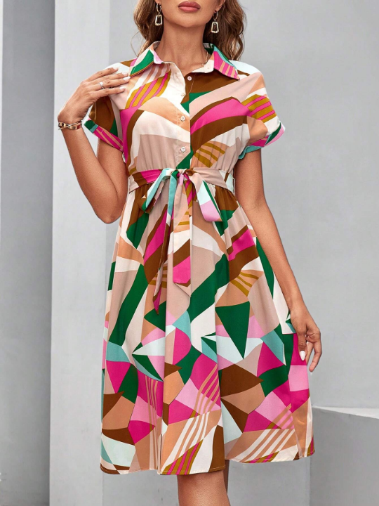 Clasi Women's Color Block Geometric Printed Belted Dress For Spring,Summer