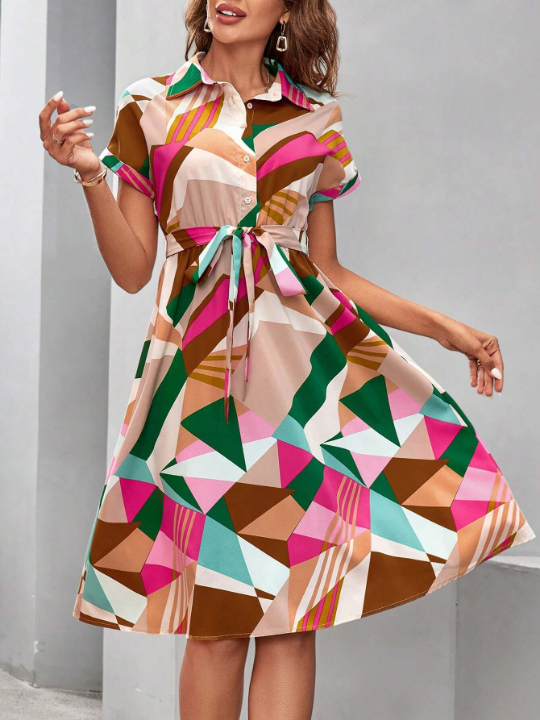 Clasi Women's Color Block Geometric Printed Belted Dress For Spring,Summer