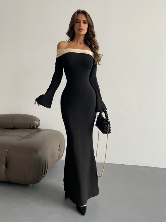 Aloruh Contrast Off Shoulder Bell Sleeve Bodycon Long Black Dress With Sleeves