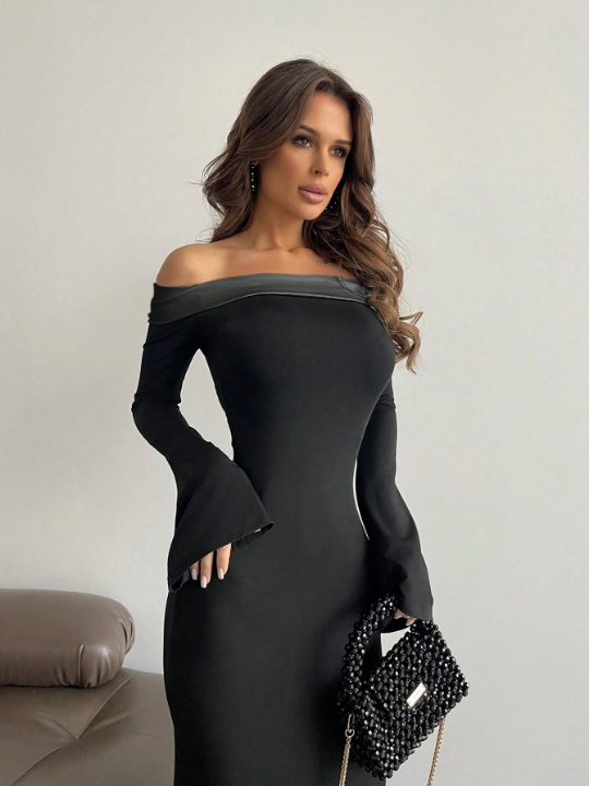 Aloruh Contrast Off Shoulder Bell Sleeve Bodycon Long Black Dress With Sleeves