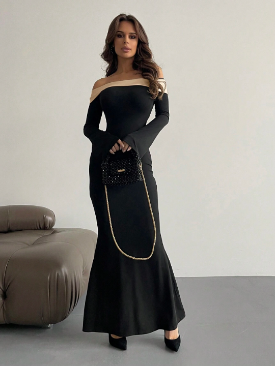 Aloruh Contrast Off Shoulder Bell Sleeve Bodycon Long Black Dress With Sleeves