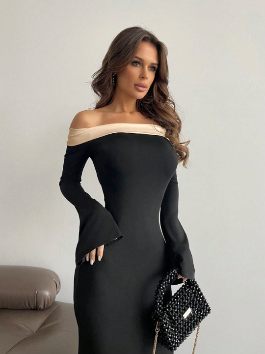 Aloruh Contrast Off Shoulder Bell Sleeve Bodycon Long Black Dress With Sleeves