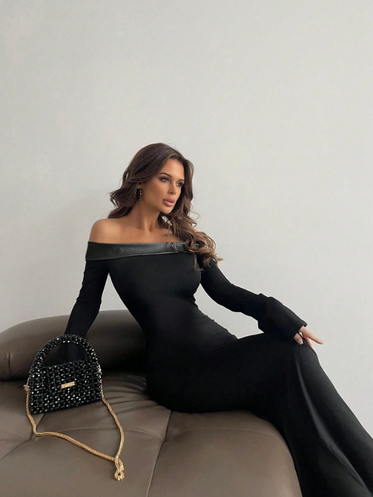 Aloruh Contrast Off Shoulder Bell Sleeve Bodycon Long Black Dress With Sleeves