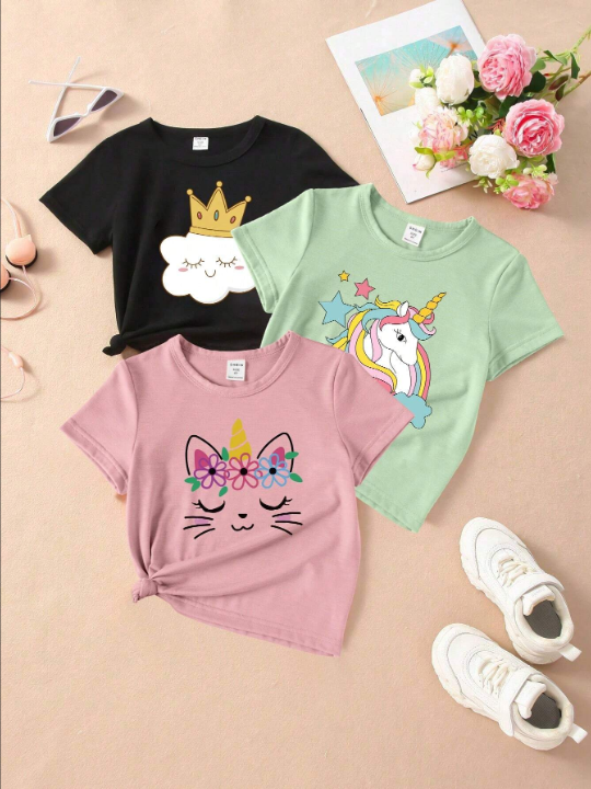 SHEIN Young Girls' Cartoon Printed Short Sleeve T-Shirt