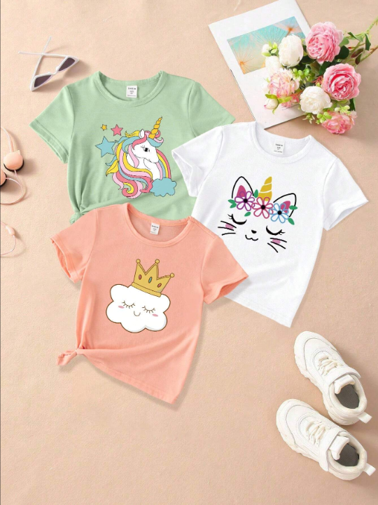 SHEIN Kids QTFun Young Girl Cartoon Printed Short Sleeve T-Shirt