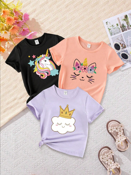 SHEIN Kids QTFun Young Girls' Cartoon Printed Short Sleeve T-Shirt