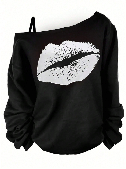 Essnce Women's Lip Printed Asymmetric Shoulder T-Shirt