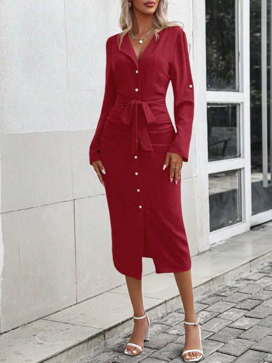 Roll-Tab Sleeve Belted Shirt Dress