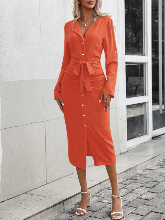 Roll-Up Sleeve Belted Shirt Dress