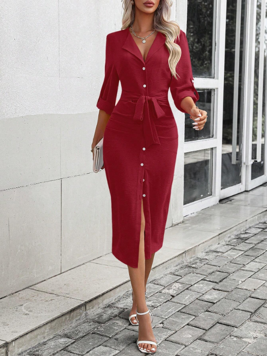 Roll-Tab Sleeve Belted Shirt Dress