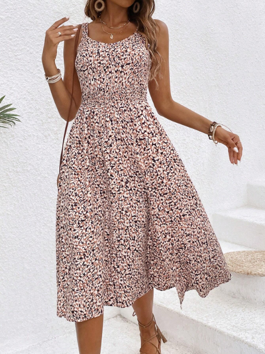 Frenchy Full Printed High Slit Hem Spaghetti Strap Dress