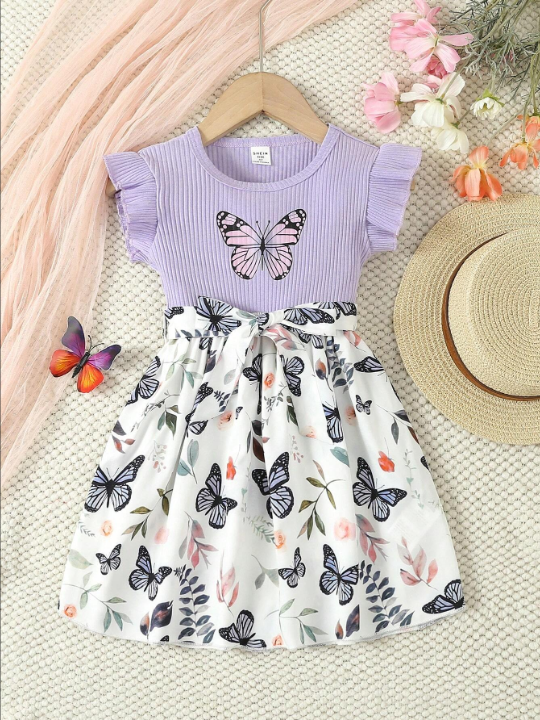 Young Girl's Butterfly Printed Flying Sleeve Dress