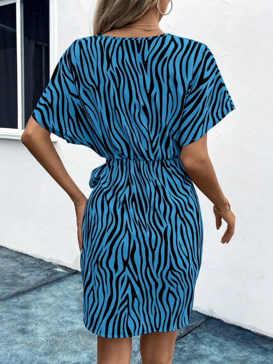 Zebra Pattern Printed Wrap Front Belted Dress