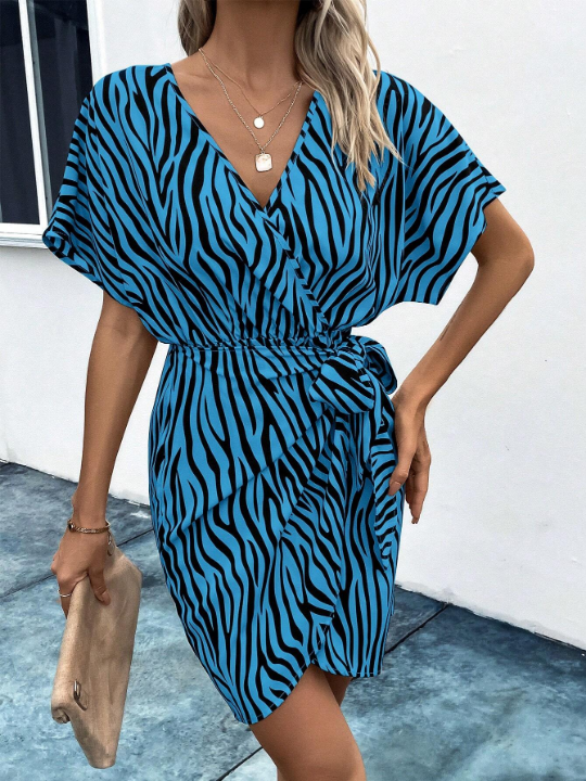 Zebra Pattern Printed Wrap Front Belted Dress