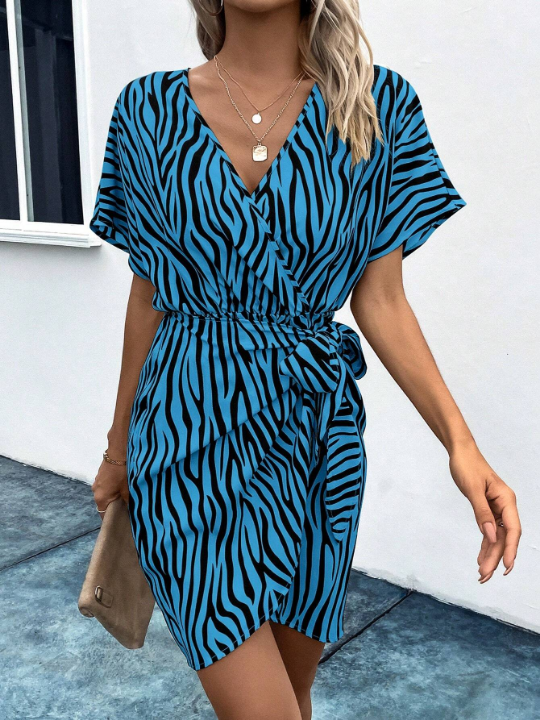 Zebra Pattern Printed Wrap Front Belted Dress