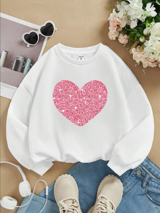 Young Girl's Casual Heart Printed Long Sleeve Round Neck Sweatshirt, Suitable For Autumn And Winter