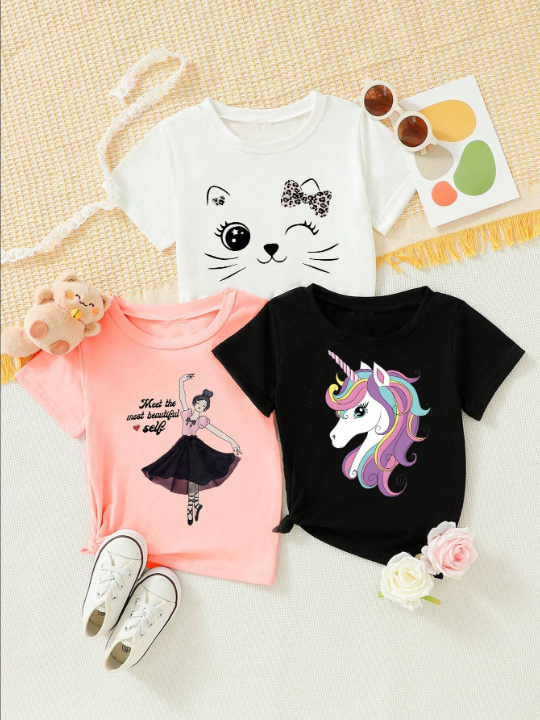 3pcs/Set Young Girls' Unicorn, Cat, Dancing Girl Printed T-Shirt