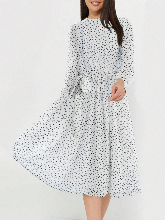 Women's Polka Dot Print Lantern Sleeve Dress