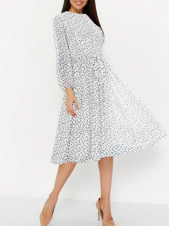 Women's Polka Dot Print Lantern Sleeve Dress