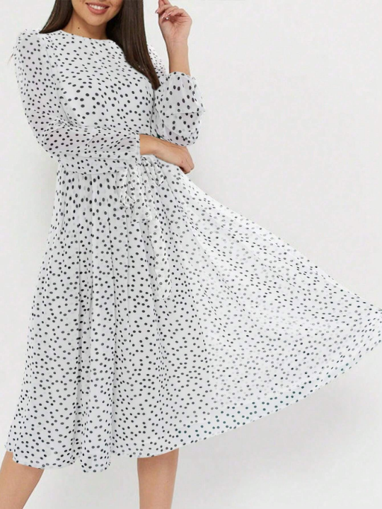 Women's Polka Dot Print Lantern Sleeve Dress