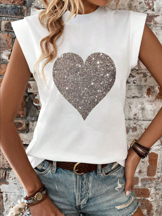 LUNE Women's Heart Printed Stand Collar T-Shirt