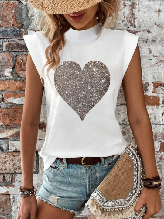 LUNE Women's Heart Printed Stand Collar T-Shirt