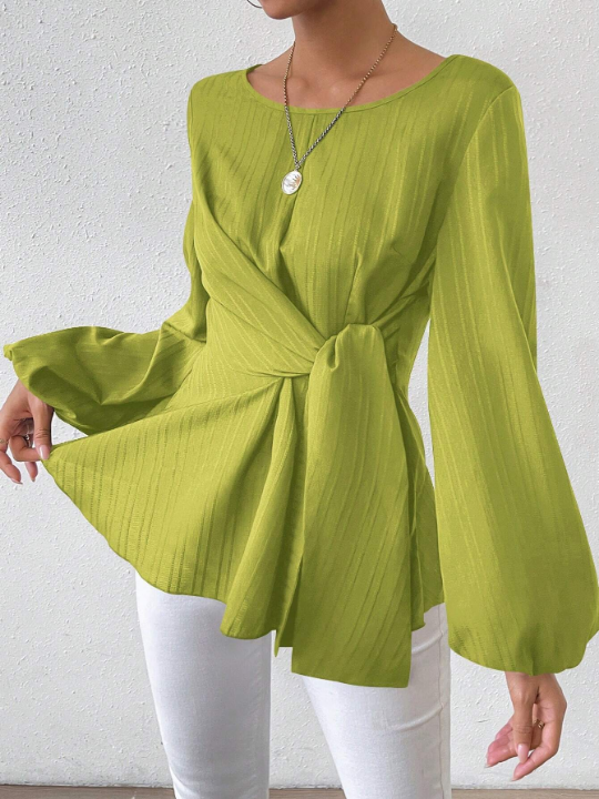 Round Neckline Tie-Front Lantern Sleeve Blouse With Cinched Waist