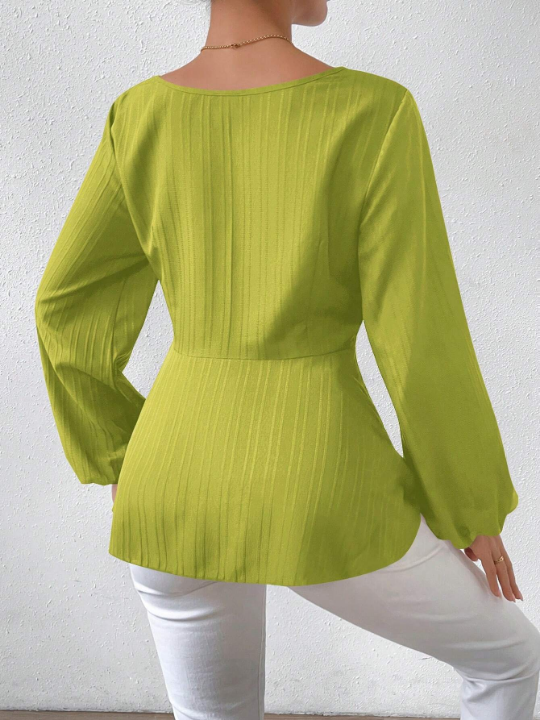 Round Neckline Tie-Front Lantern Sleeve Blouse With Cinched Waist