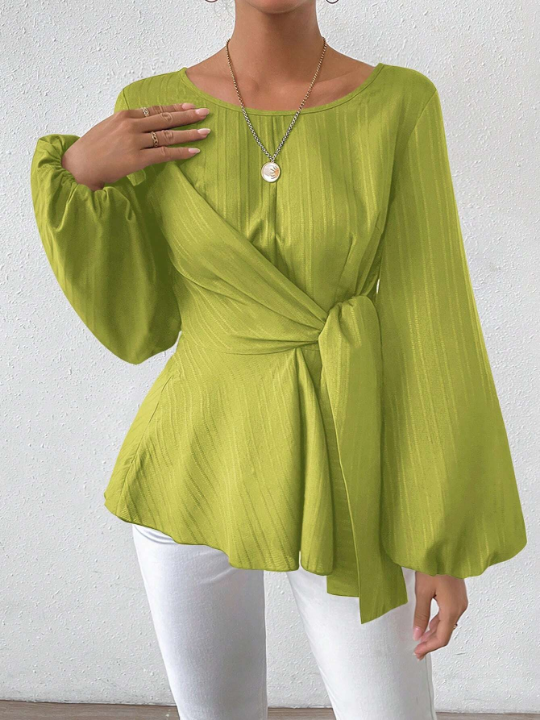 Round Neckline Tie-Front Lantern Sleeve Blouse With Cinched Waist