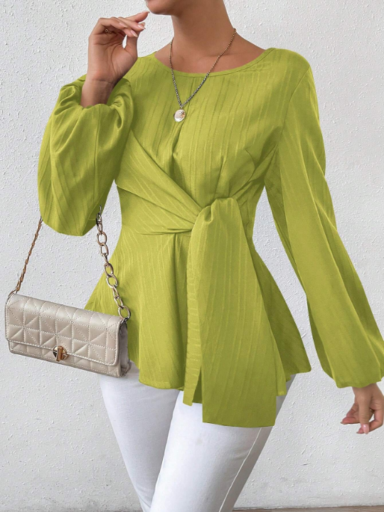 Round Neckline Tie-Front Lantern Sleeve Blouse With Cinched Waist