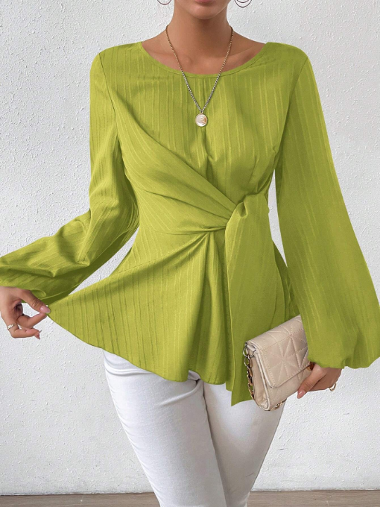 Round Neckline Tie-Front Lantern Sleeve Blouse With Cinched Waist