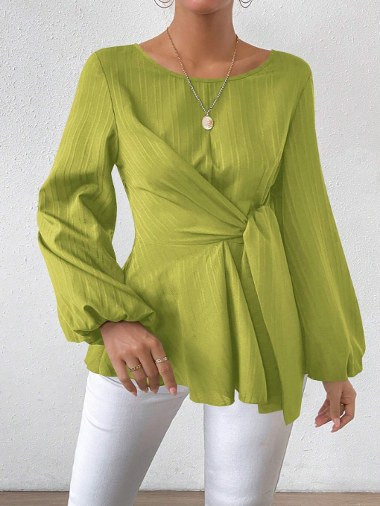 Round Neckline Tie-Front Lantern Sleeve Blouse With Cinched Waist