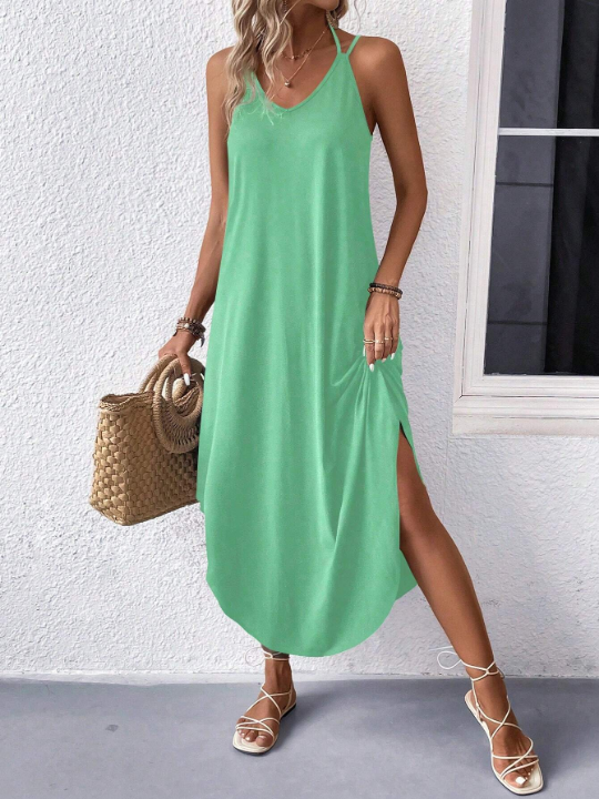 Solid Color Arc Hem Spaghetti Strap Dress