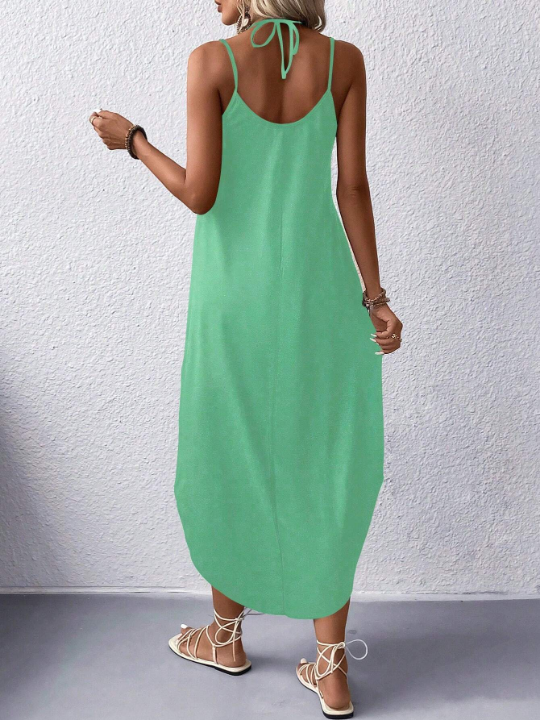 Solid Color Arc Hem Spaghetti Strap Dress