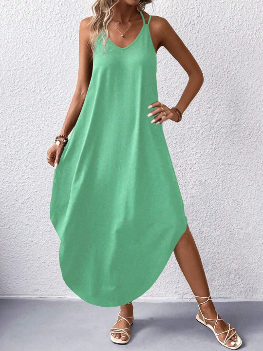 Solid Color Arc Hem Spaghetti Strap Dress