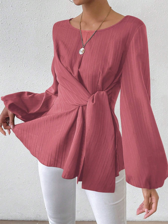 Round Neck Tie Front Lantern Sleeve Blouse With Gathered Waist