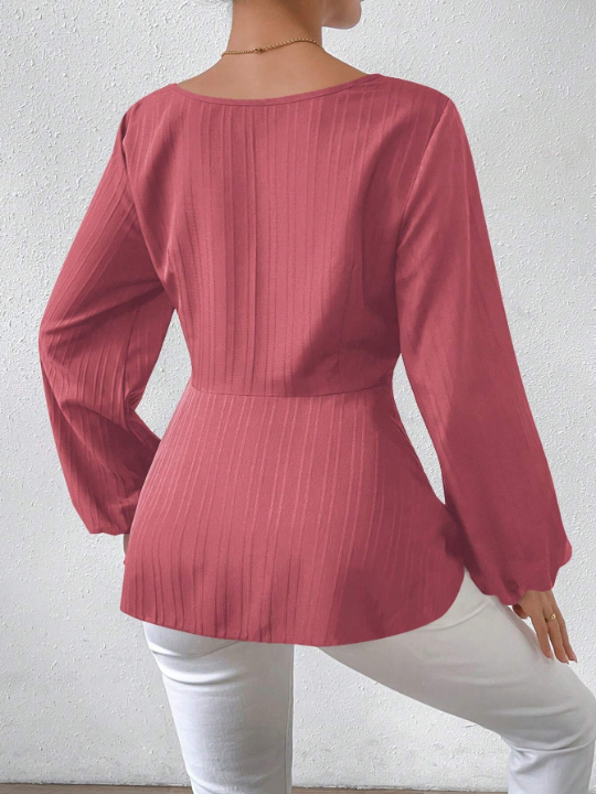 Round Neck Tie Front Lantern Sleeve Blouse With Gathered Waist