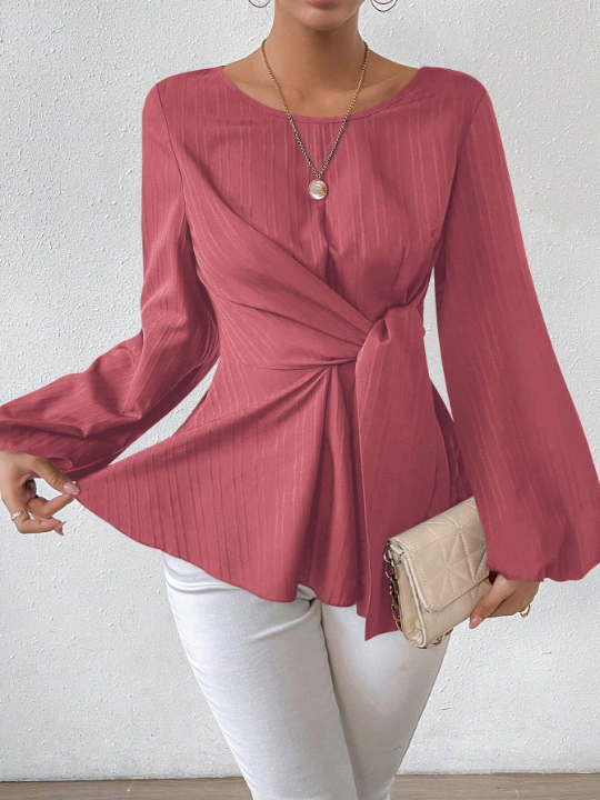 Round Neck Tie Front Lantern Sleeve Blouse With Gathered Waist